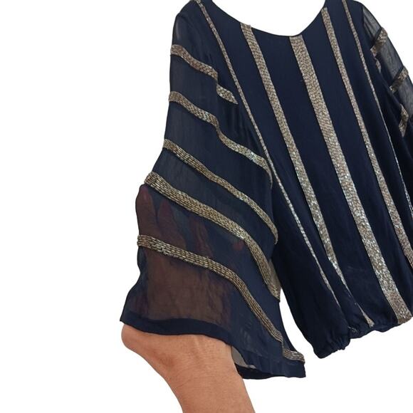 Alice + Olivia SILK Blouse Beaded Sz XS DARK BLUE Boxy Short Flowy Cocktail - Picture 5 of 15
